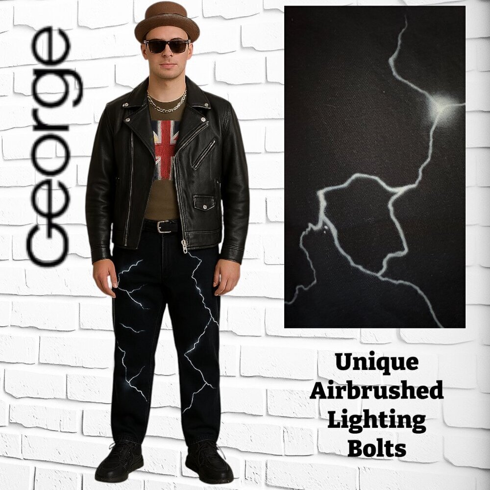 🖤 GEORGE Heavy-Duty Black Jeans – Custom Airbrushed, Size 40 🖤